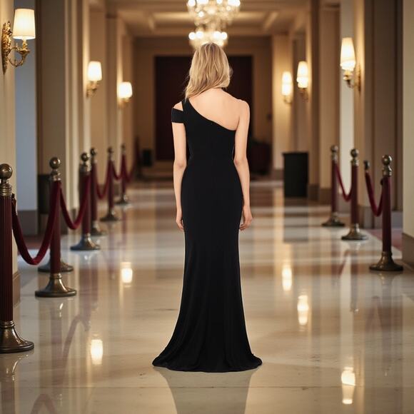 Betsy & Adam One-Shoulder Black Evening Gown Size 10 V-Neck Floor Length Train - Picture 2 of 10